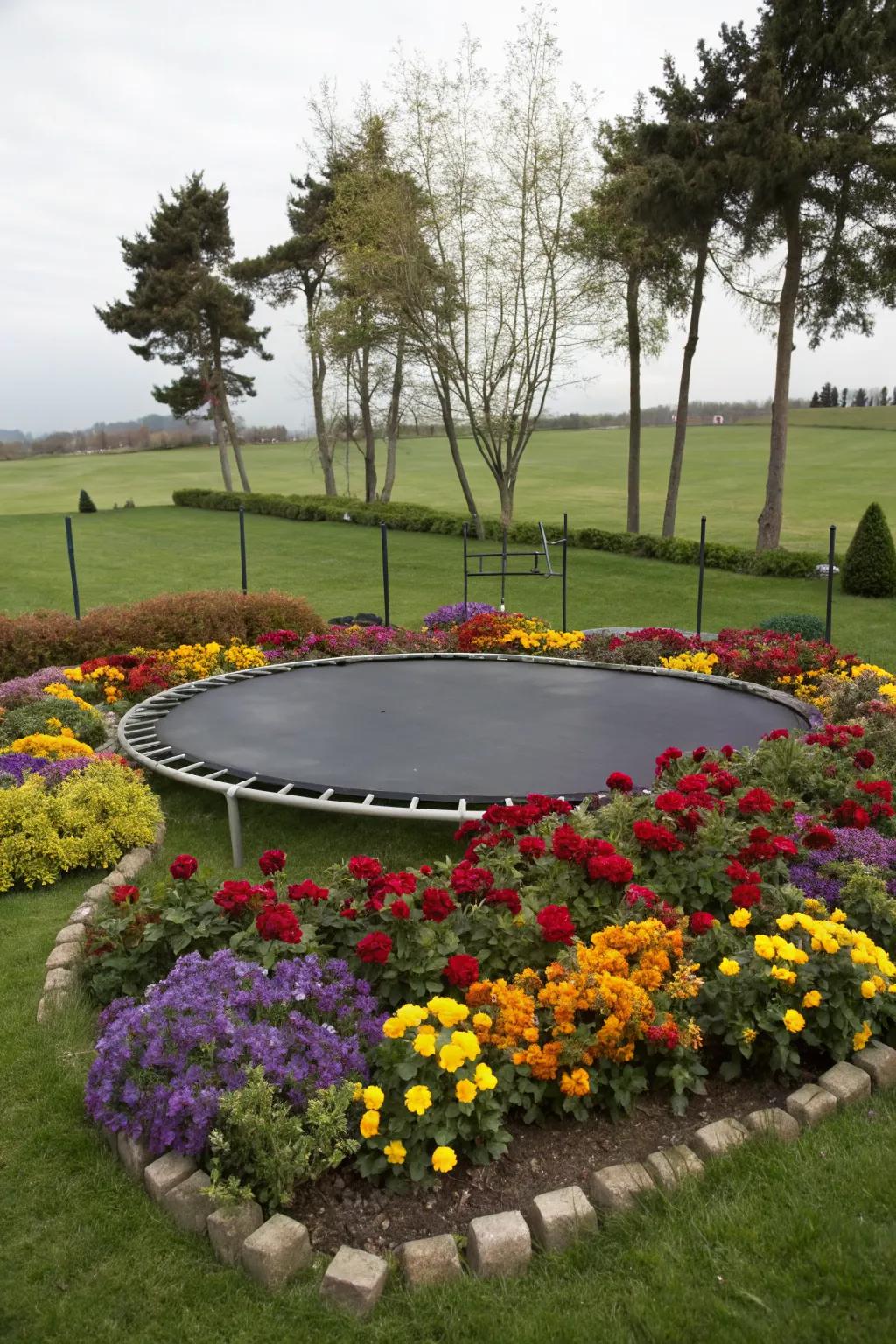 A flower bed border brings a splash of color to the trampoline space.
