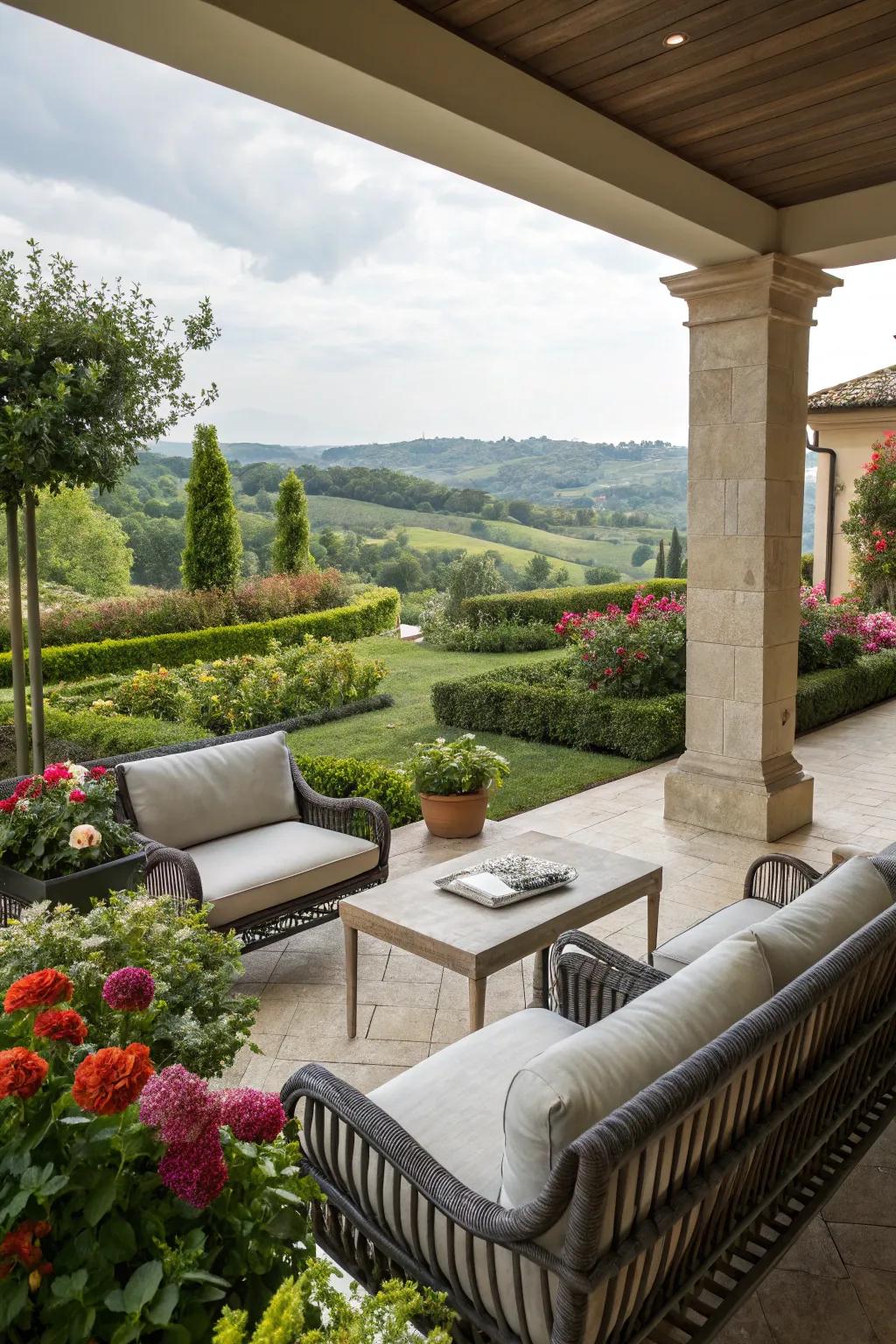 An inviting outdoor patio offers a perfect spot for relaxation and enjoying garden views.