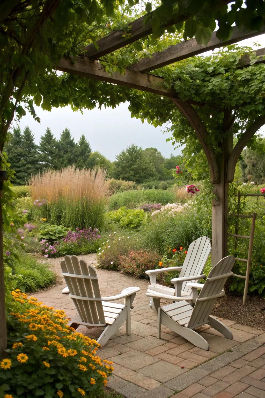 A garden retreat with Adirondack chairs nestled among greenery.