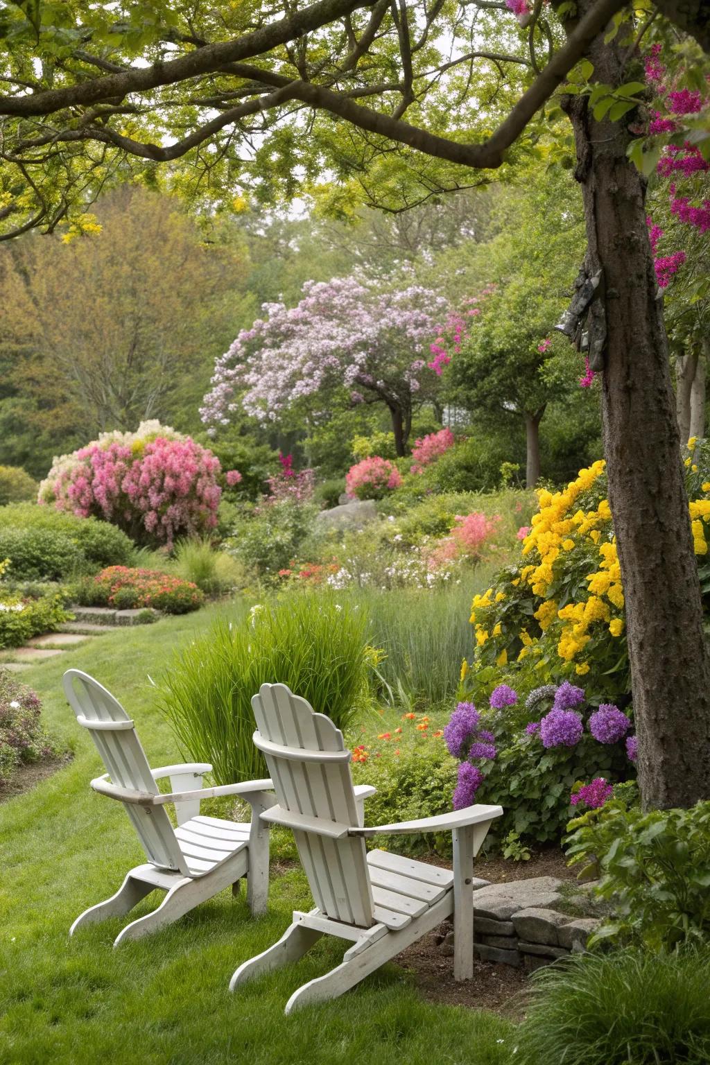 Adirondack chairs provide a tranquil spot in the garden.