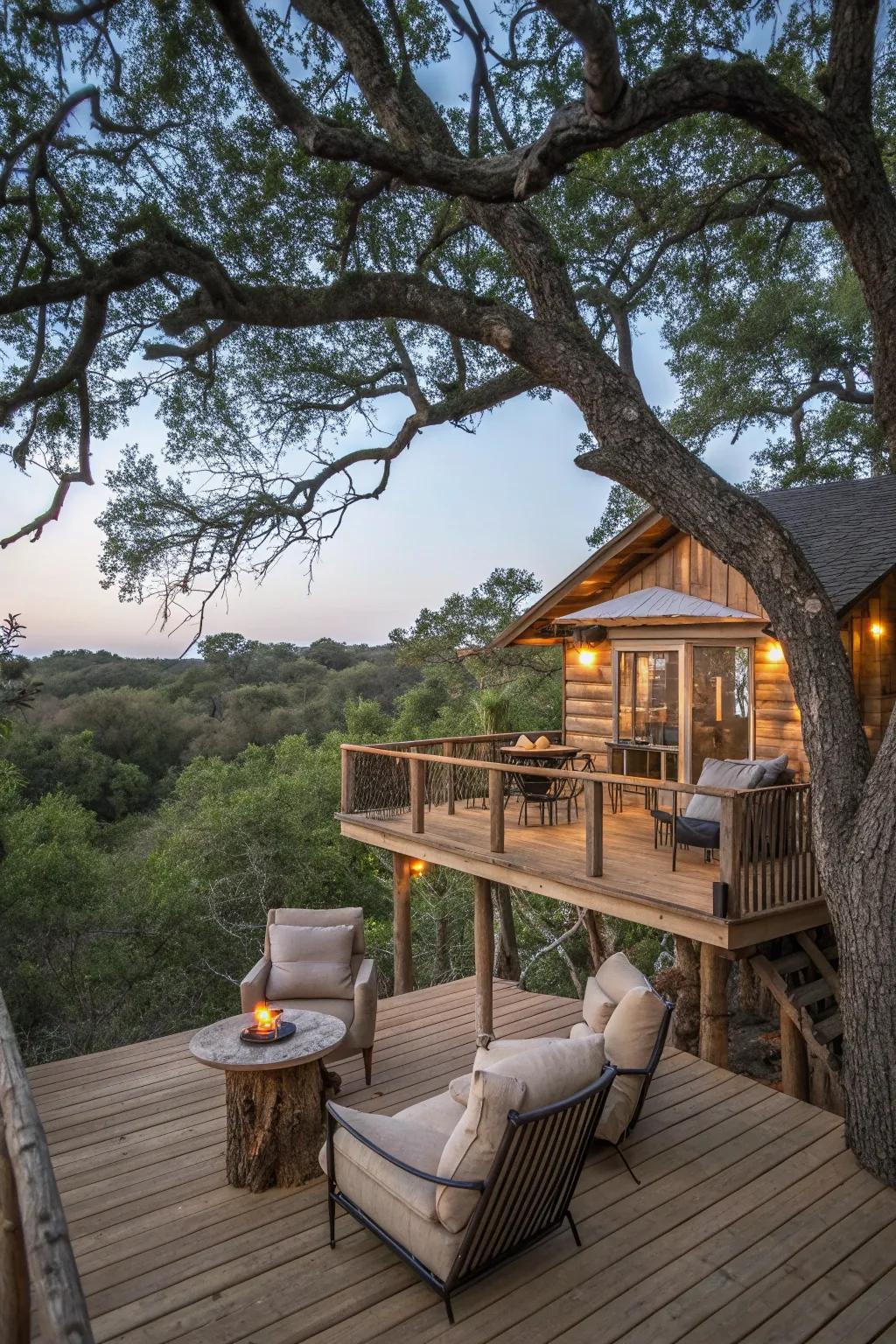 A treehouse deck designed for relaxation and socializing.
