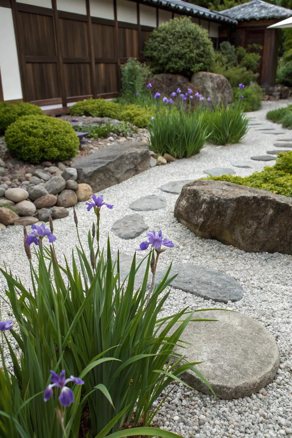 African irises add elegance and tranquility to minimalist zen gardens.