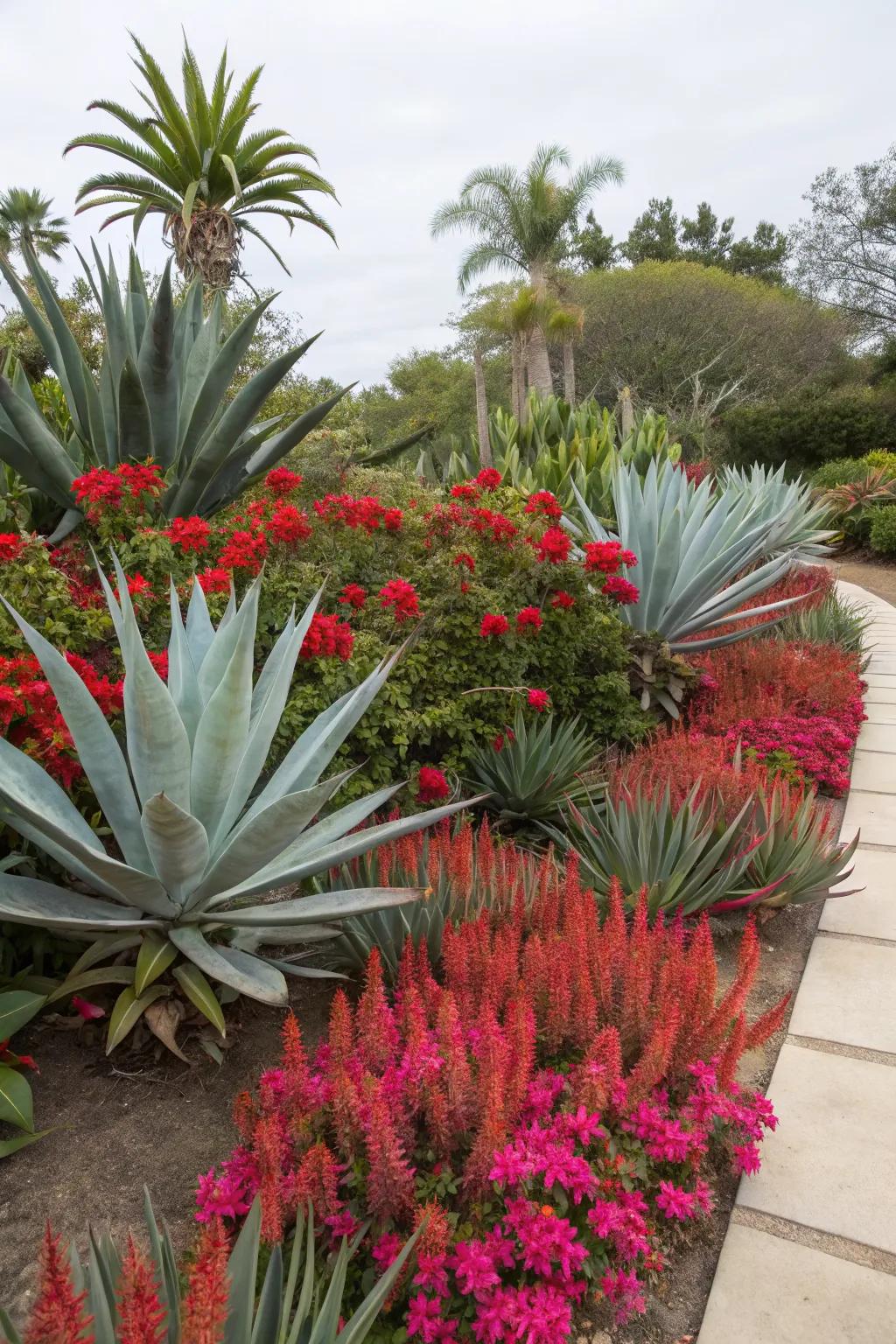 Agave paired with vibrant flowering plants for a stunning contrast.