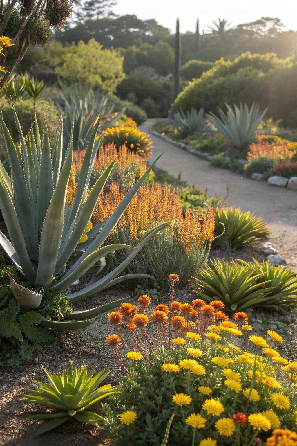Agaves paired with colorful flowers for striking contrast.