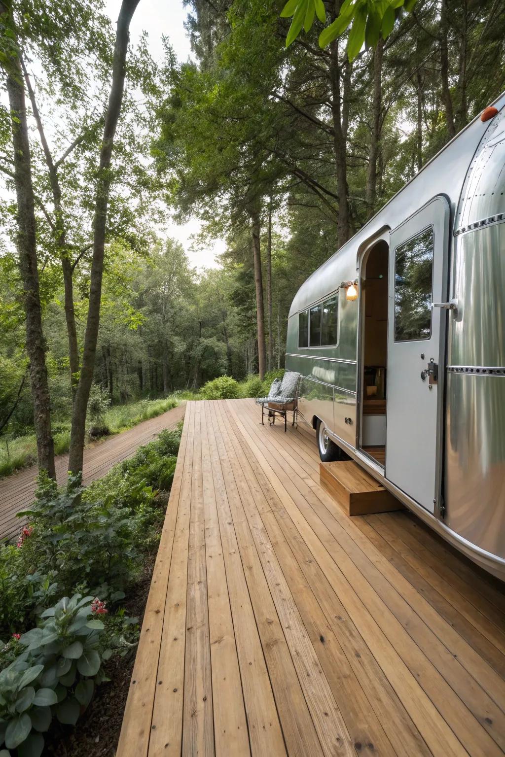 Natural wooden decking offers a warm and inviting atmosphere.