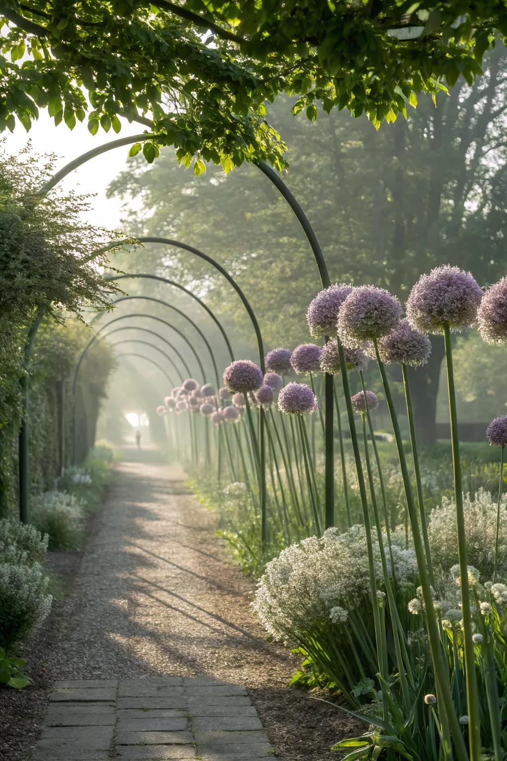 Elegant alliums lining a charming garden path