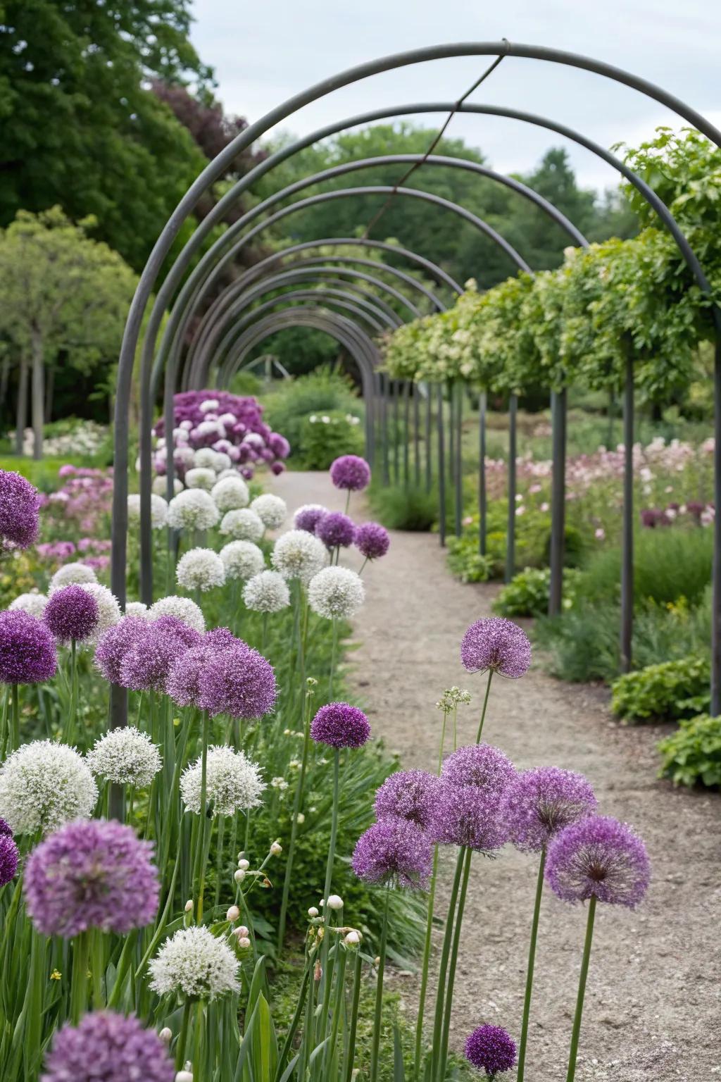 Alliums paired with metal arches for an artistic garden look.