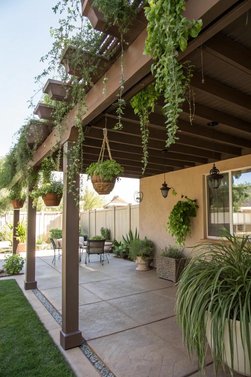 Enhance your patio with hanging plants for a rustic and natural look.