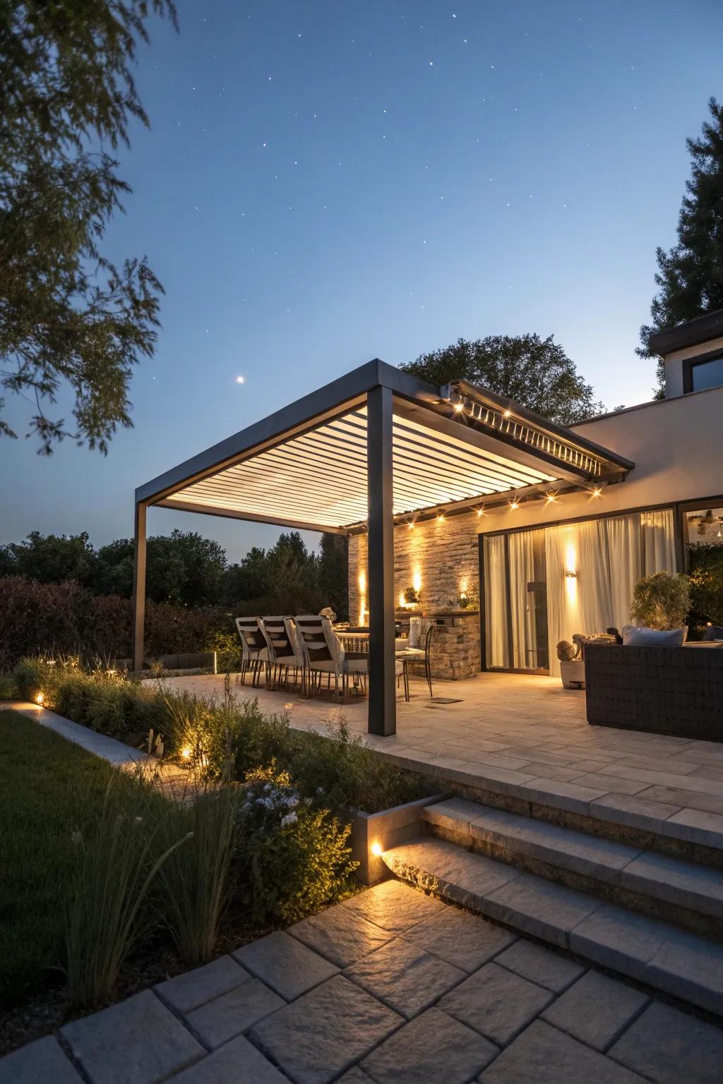 An aluminum pergola with integrated LED lighting for cozy evenings.