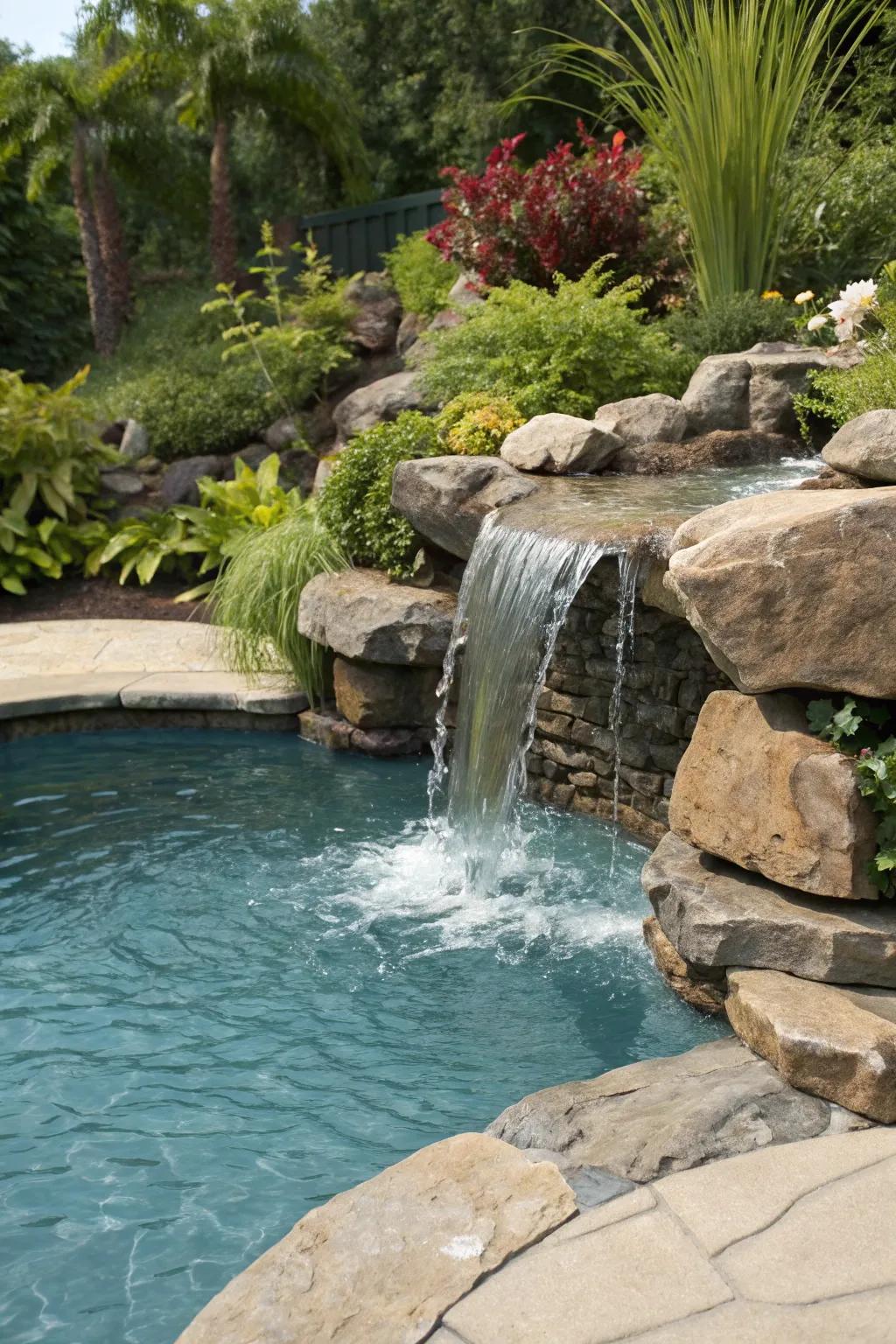 A pool with a beautiful waterfall feature cascading into it.