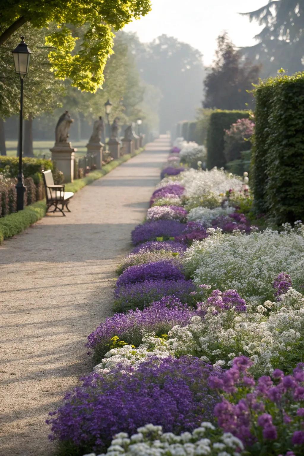 Charming pathway accents with alyssum and lobelia.