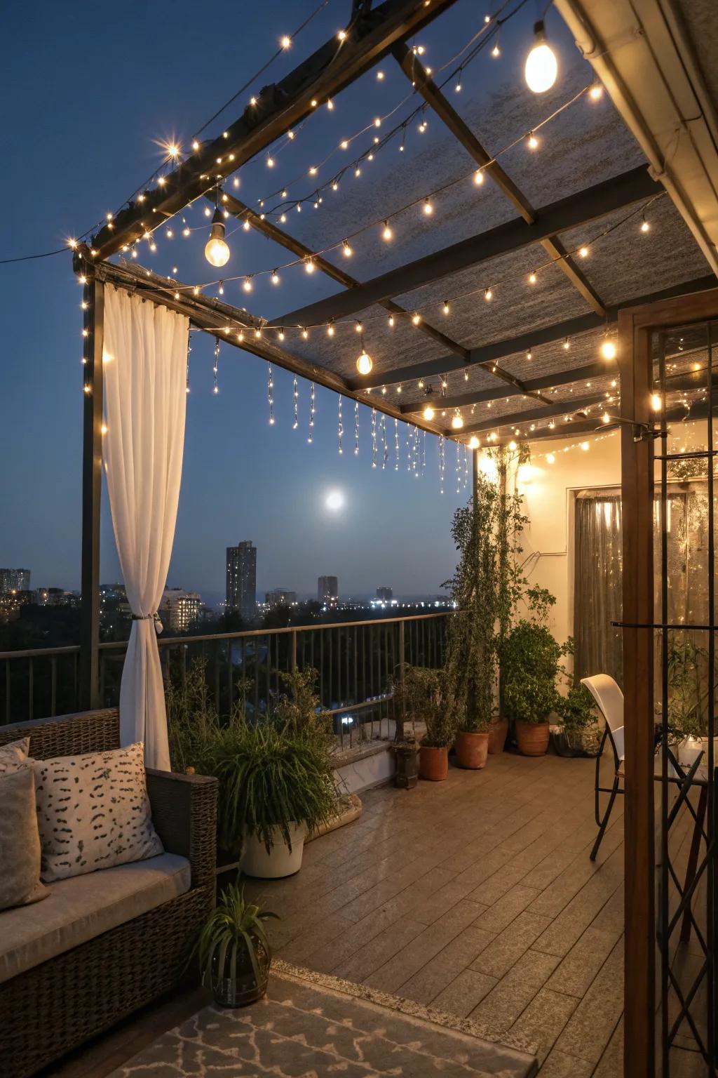 A canopy of fairy lights brings a dreamy, starry-night ambiance to your balcony.