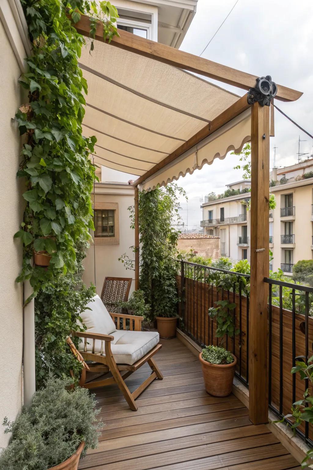 Pergolas with canopies provide structured shade and a touch of greenery.