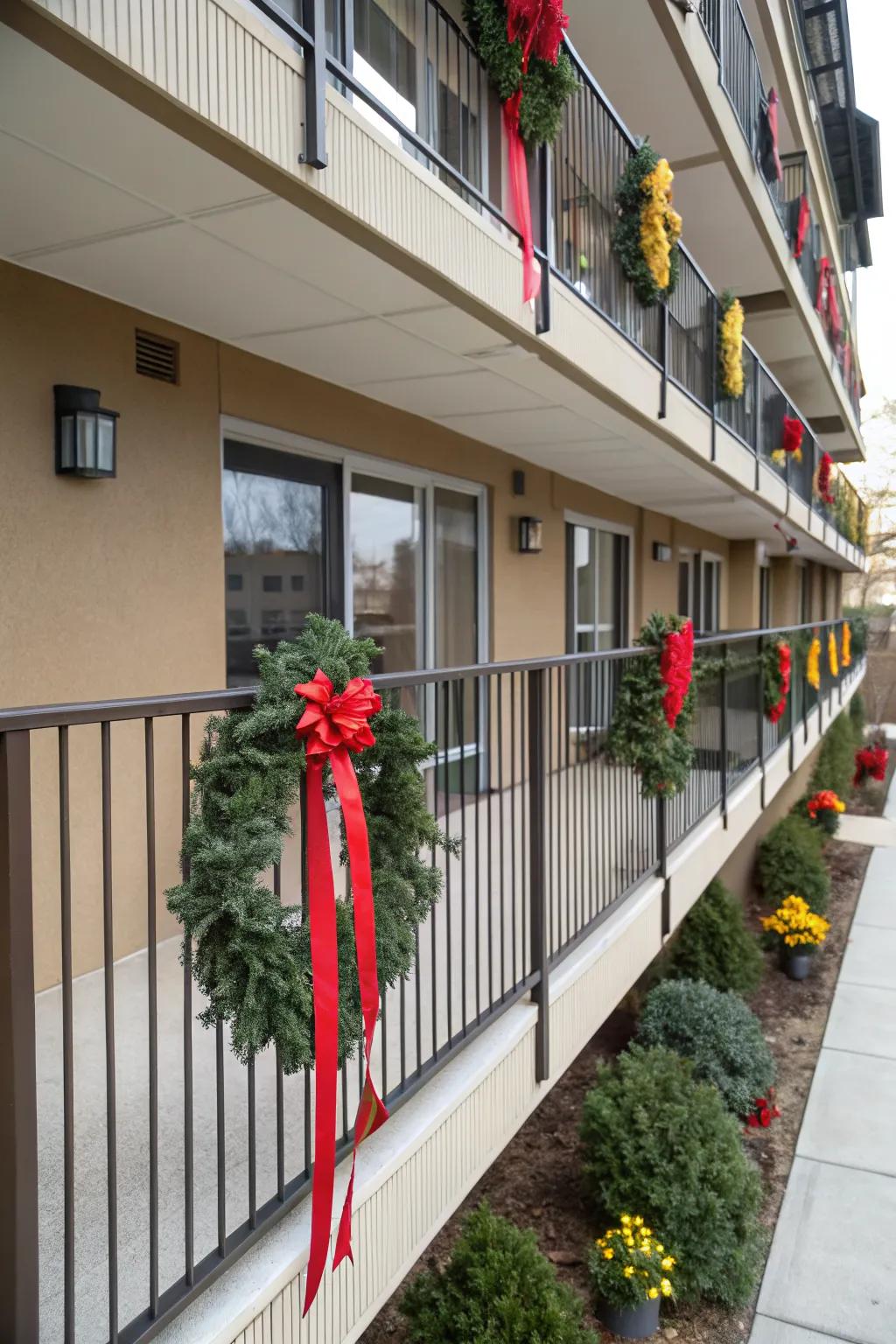 Festive railings decked with wreaths and ribbons.