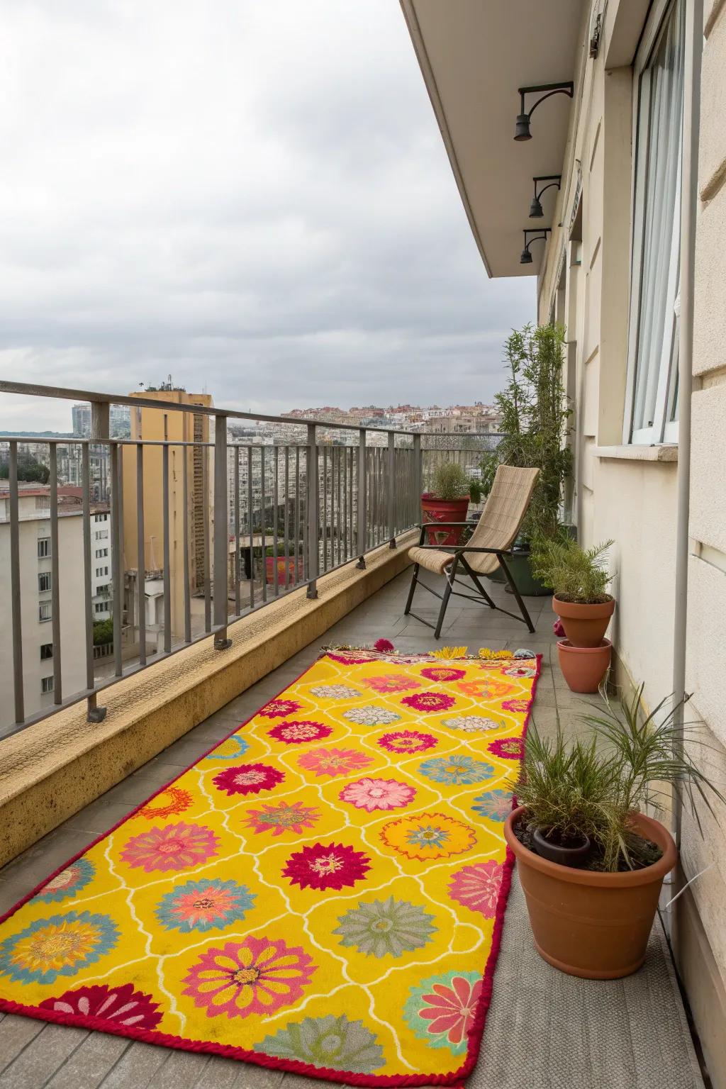 A vibrant outdoor rug adding color and style to an apartment balcony.