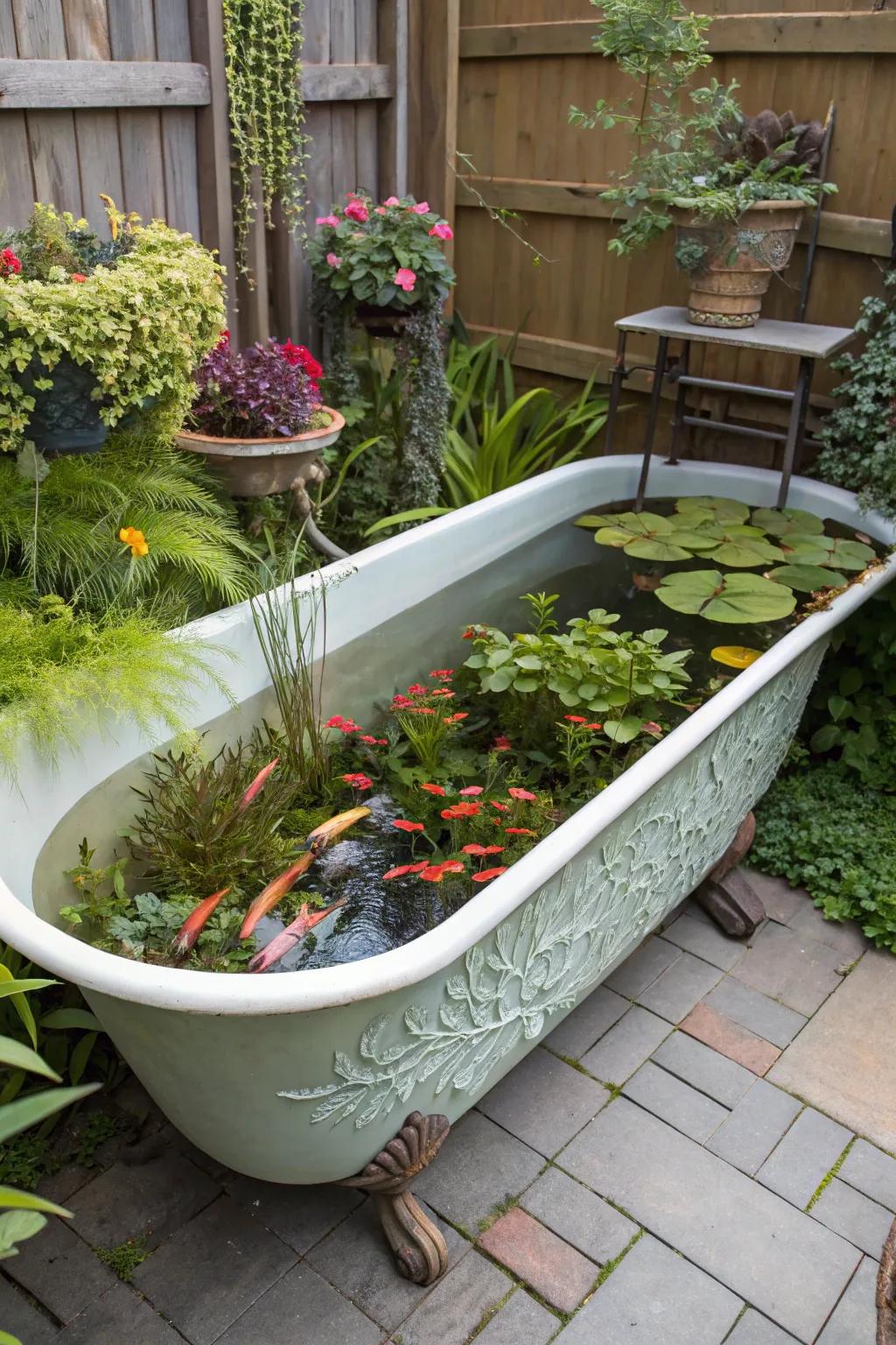 An antique bathtub reborn as a unique aquarium pond.