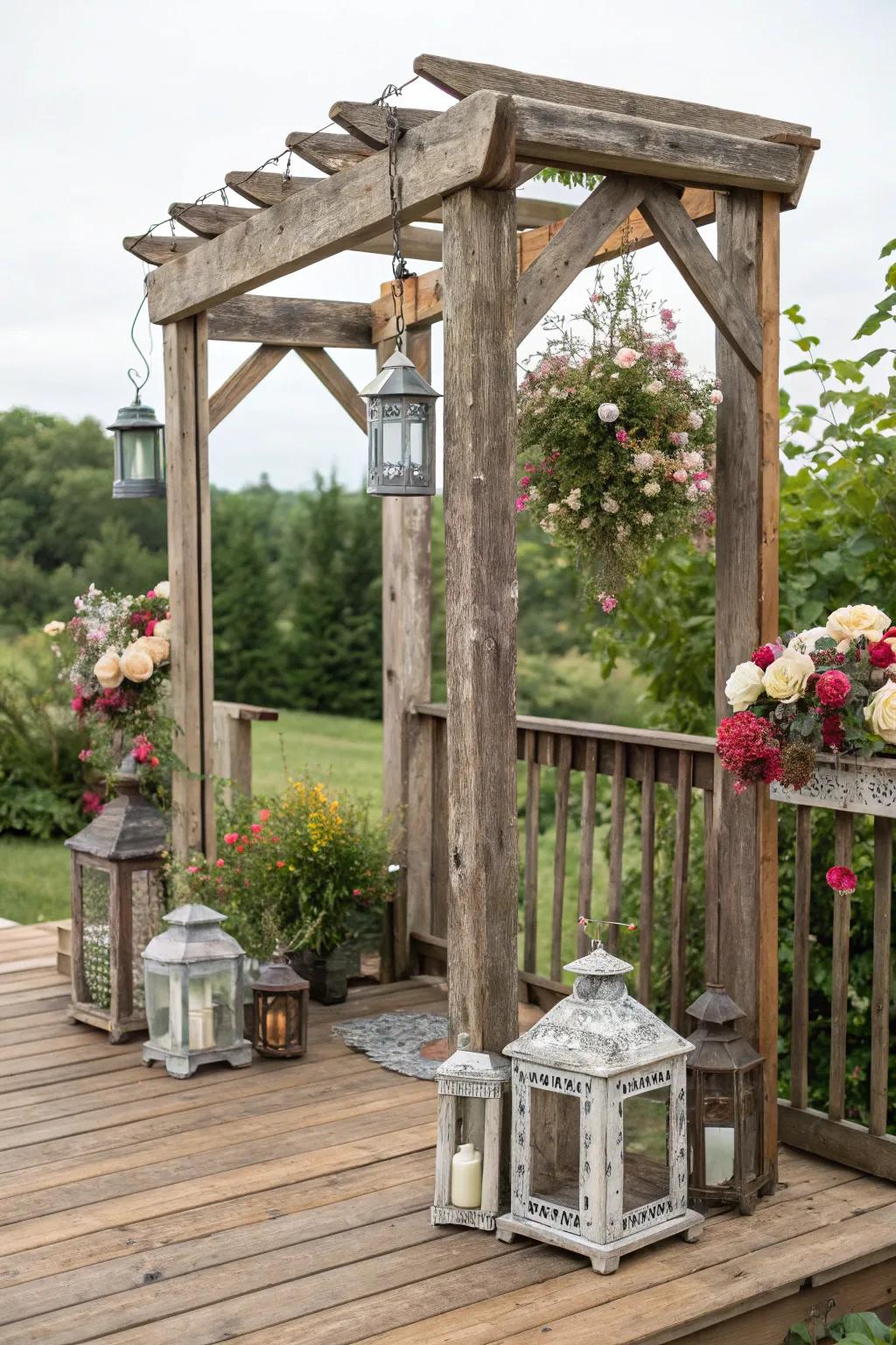 Cozy rustic vibes with a farmhouse-style arbor.