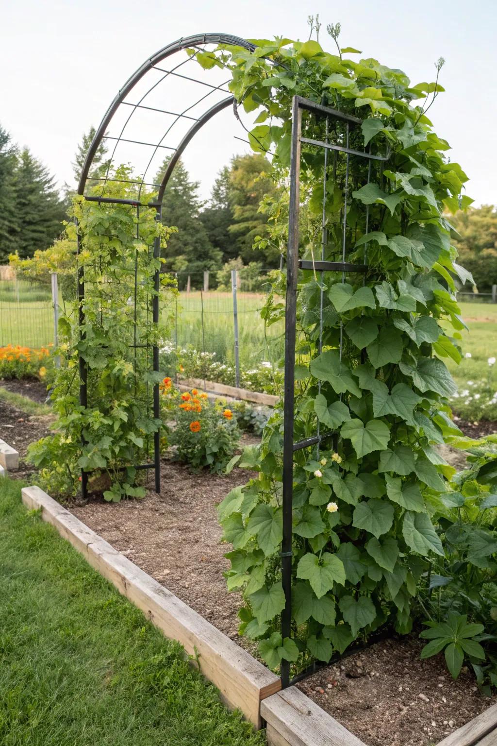 An affordable cattle panel trellis, perfect for creating a lush garden archway.