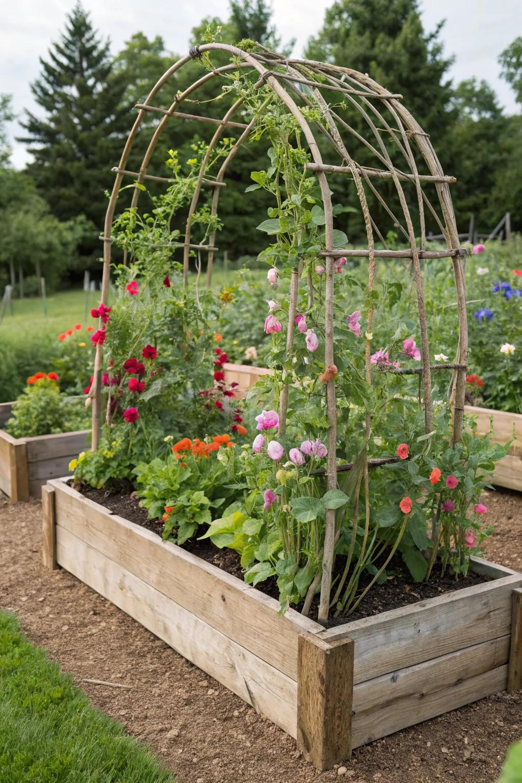 A productive and beautiful raised garden bed with an arch trellis.