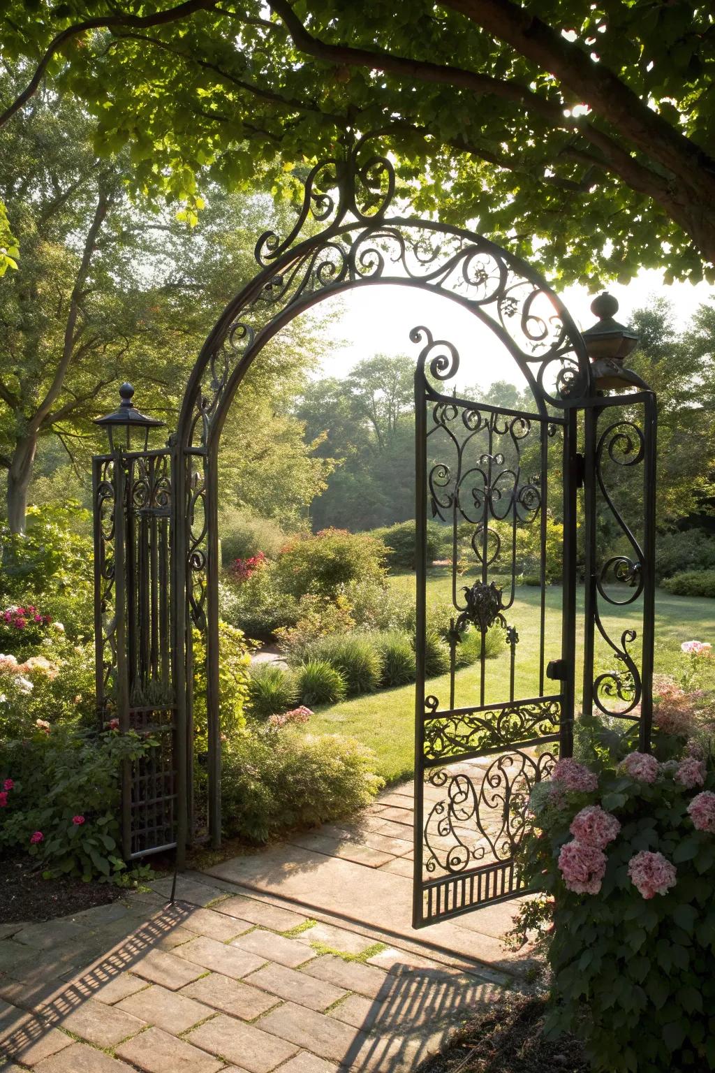 An elegant wrought iron arched gate, adding sophistication to the garden.