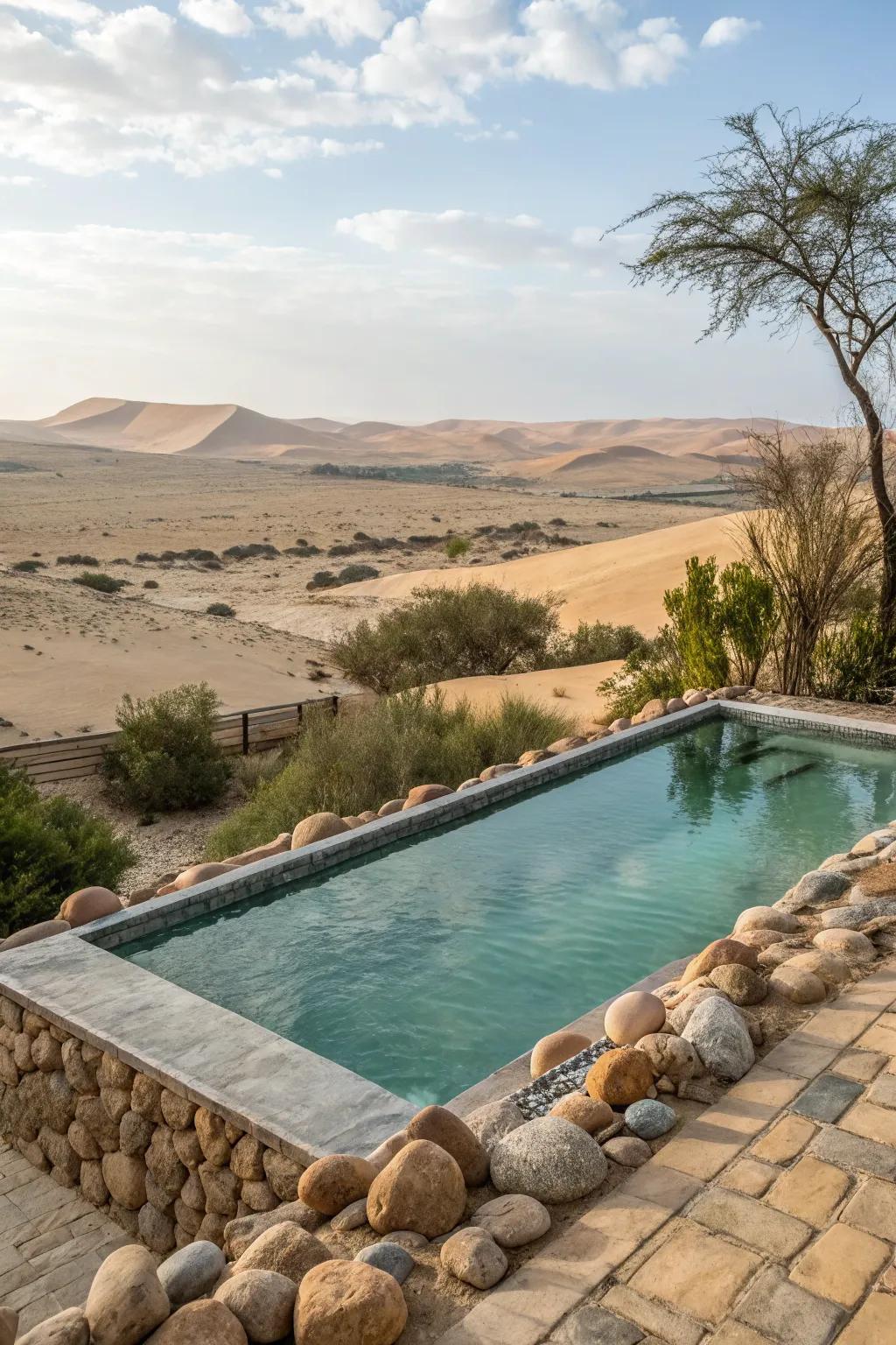 Natural stone adds rustic elegance to your pool, blending seamlessly with the environment.
