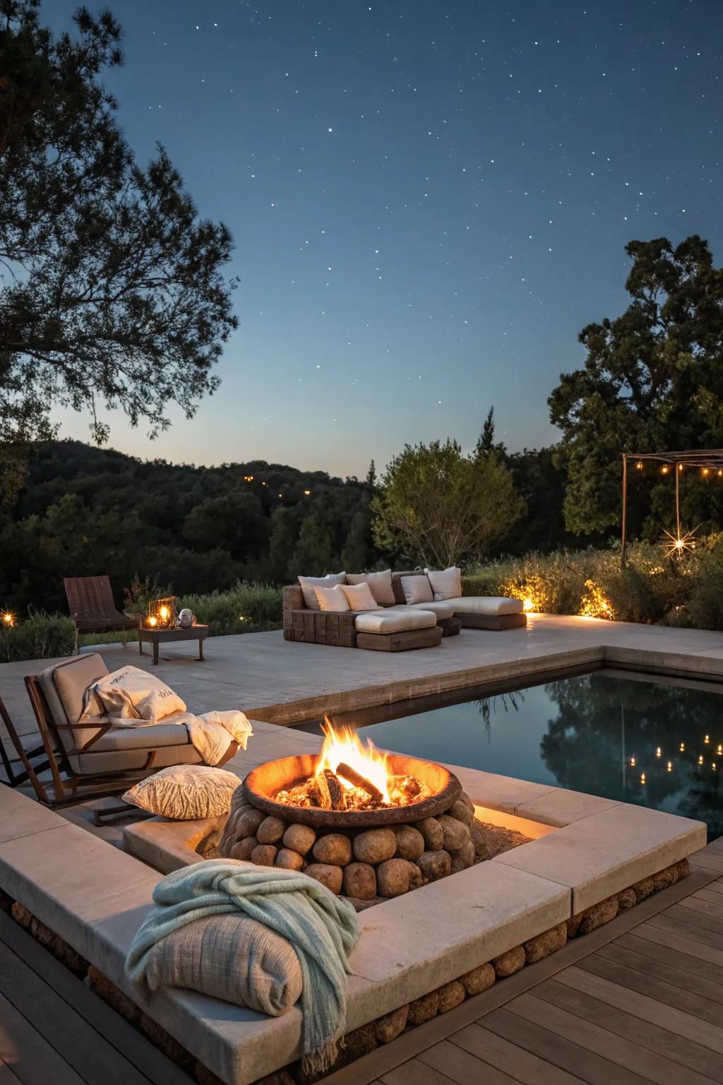 Fire features add warmth and a dynamic lighting effect to your pool area.