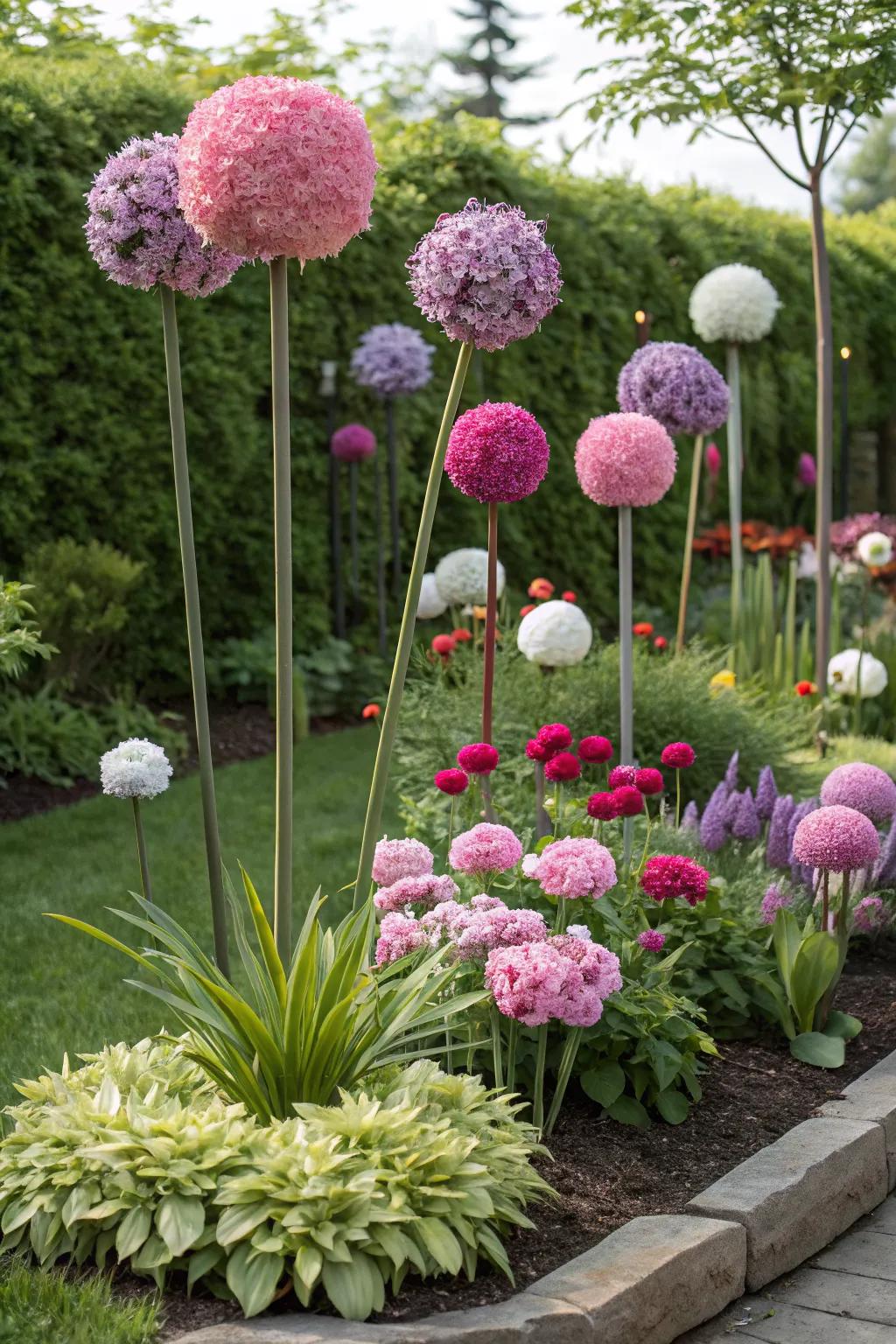 Layered artificial flowers creating depth and texture in the garden.