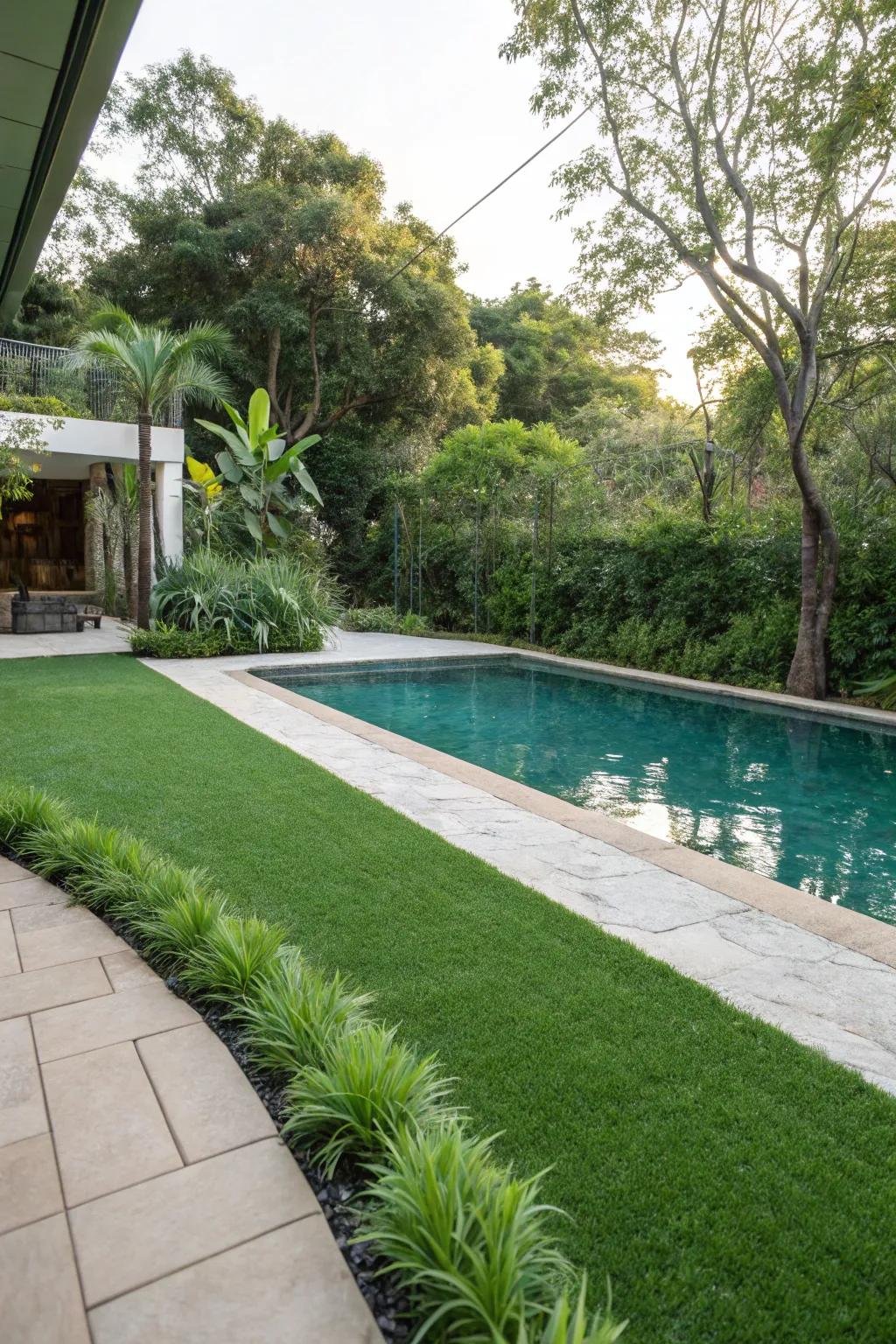 Seamless transitions with artificial grass enhance the natural feel around your pool.