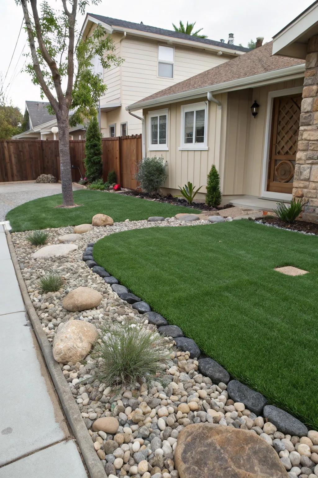 Decorative stones add texture and contrast to your artificial grass landscape.