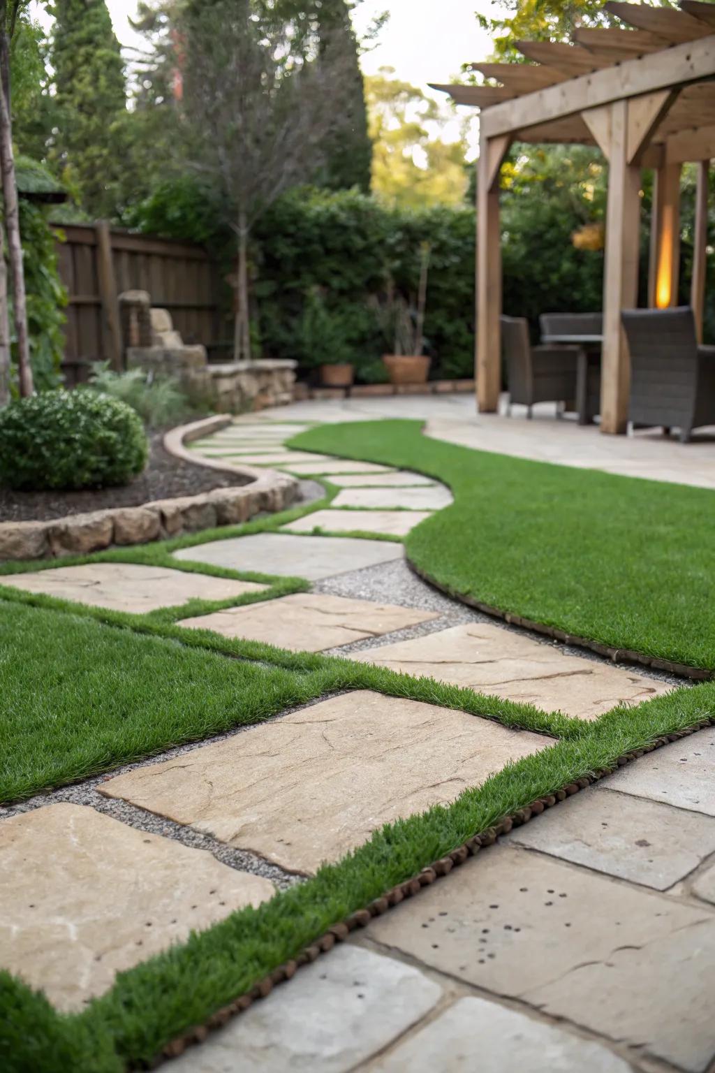 Combine artificial grass with stones to create eye-catching pathways.