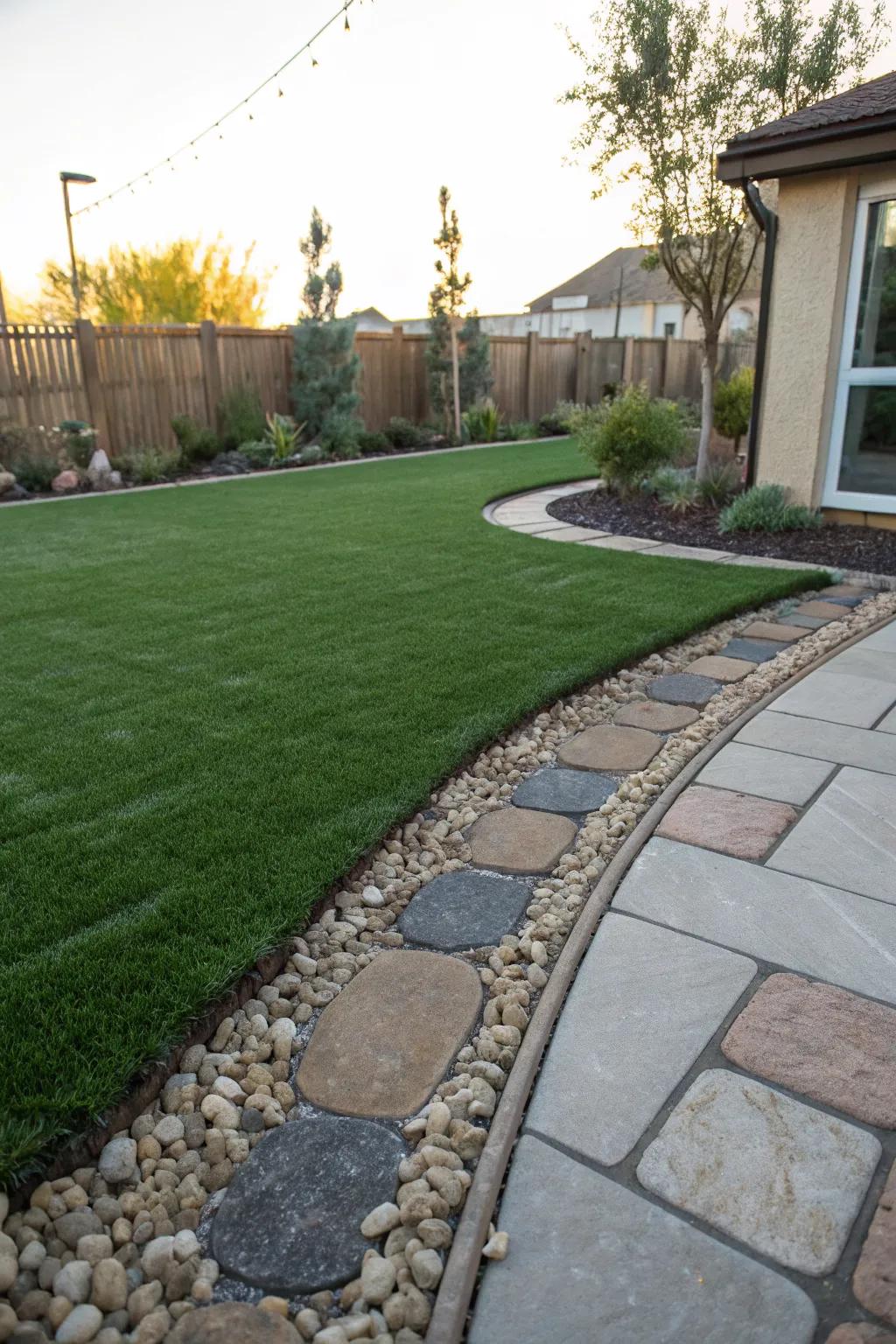 A backyard featuring artificial turf bordered by elegant paving stones.