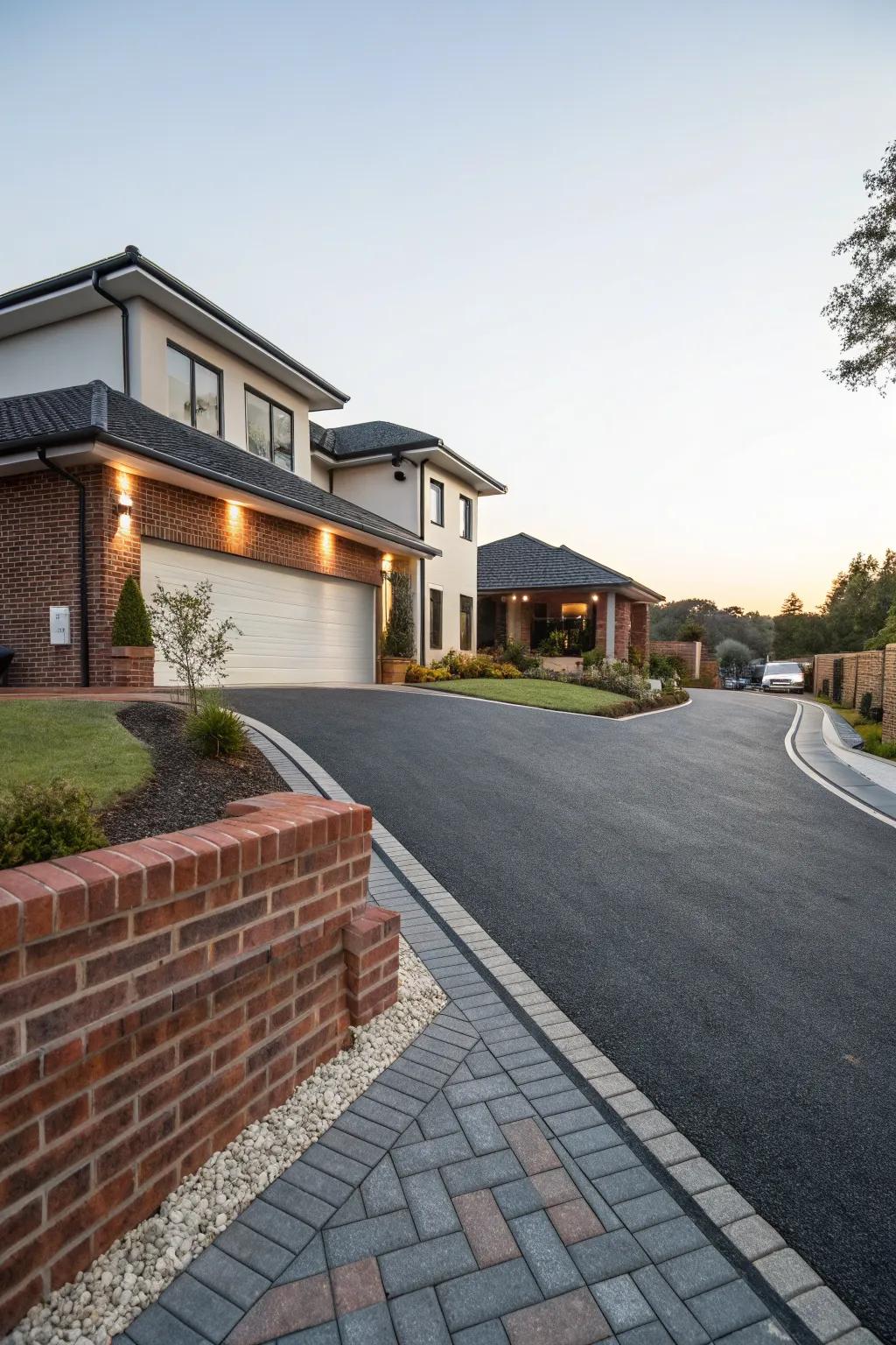An asphalt driveway enhanced with brick accents for added visual interest.