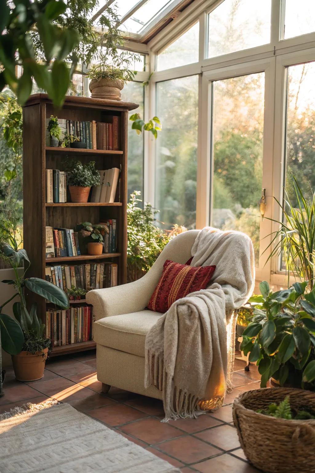 A cozy reading nook in a sunroom with natural light and greenery