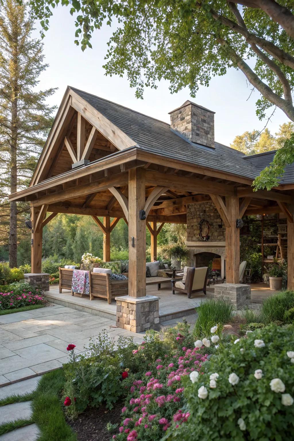 A rustic wood pavilion that exudes warmth and charm.