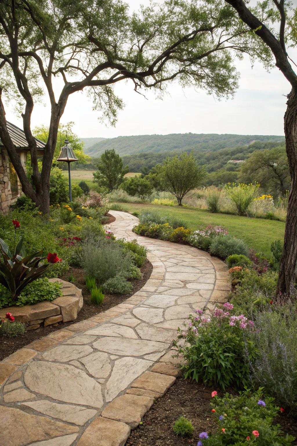Stone pathways add charm and functionality.