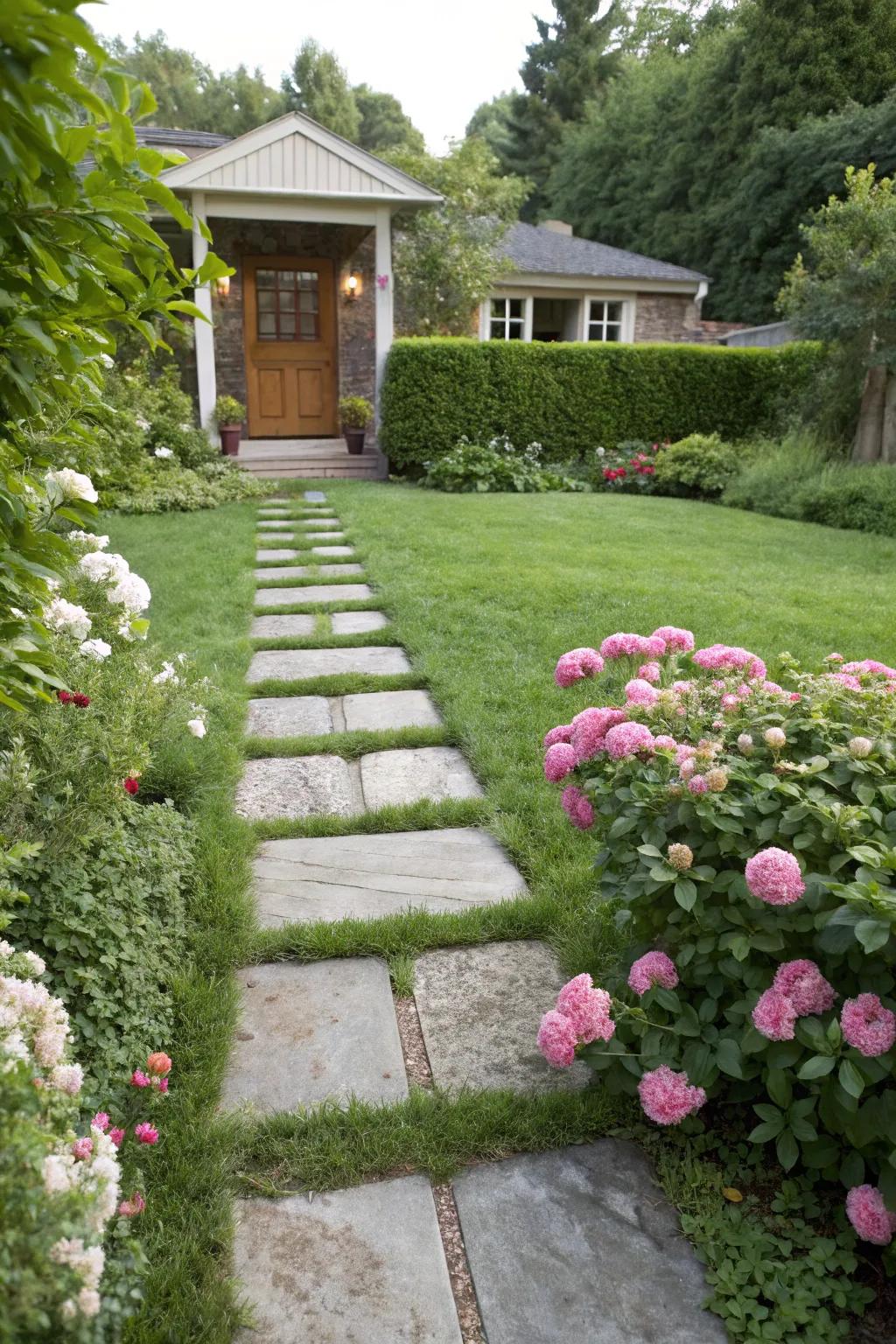 Stone stepping stones create an inviting path to the front door.