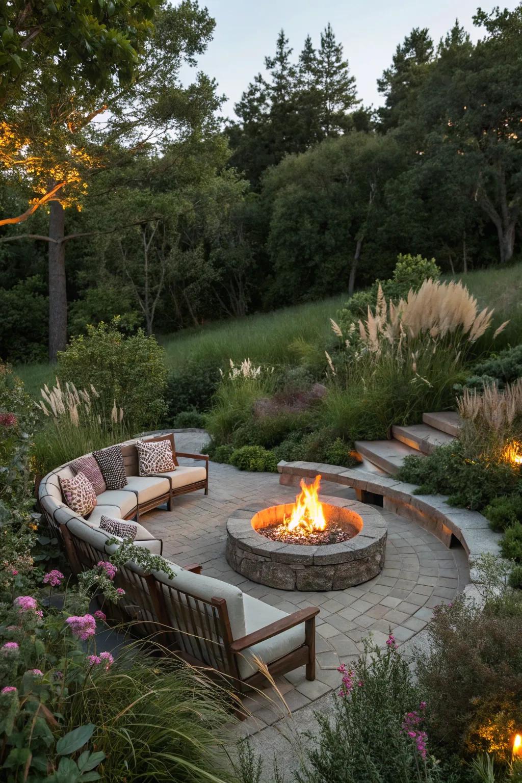 A welcoming fire pit surrounded by comfortable seating and greenery.
