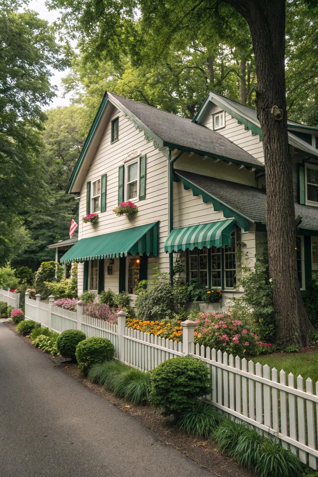 Green awnings harmonize with the lush garden setting.