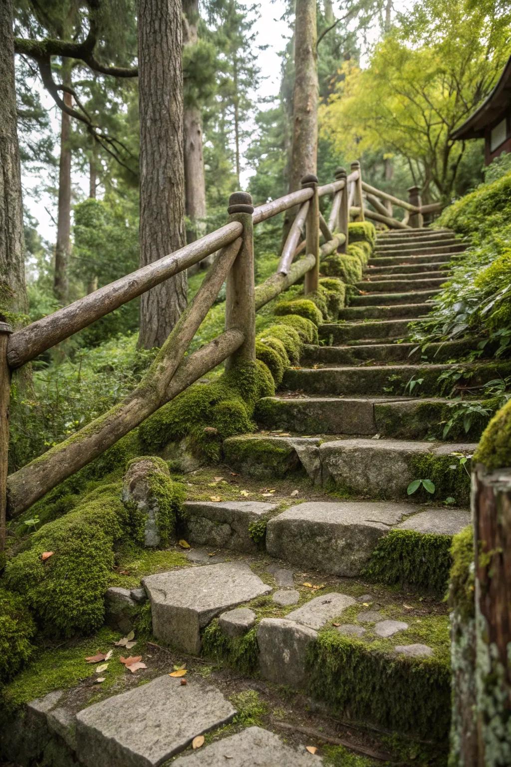 Stone steps and wooden railings create a rustic charm.