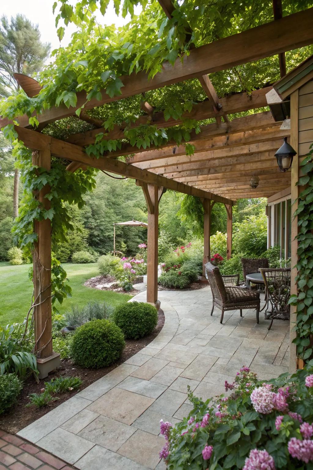 A pergola provides shade and a beautiful framework for climbing plants.