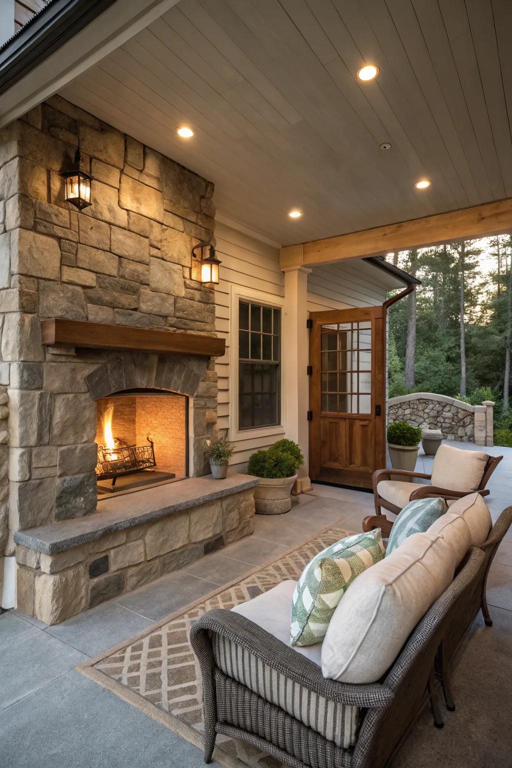 A stone fireplace on a back porch, surrounded by comfortable seating.