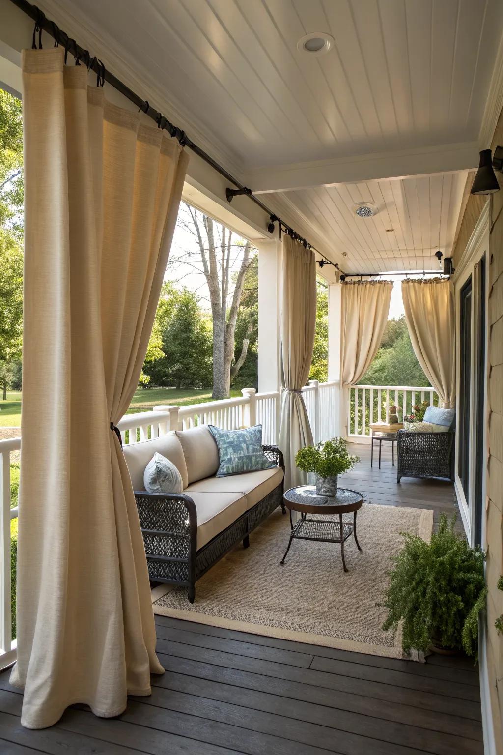 Roll-up curtains offer flexibility and style for your porch.