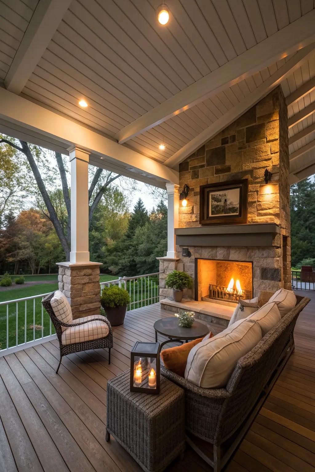 A covered porch with a fireplace for year-round enjoyment.