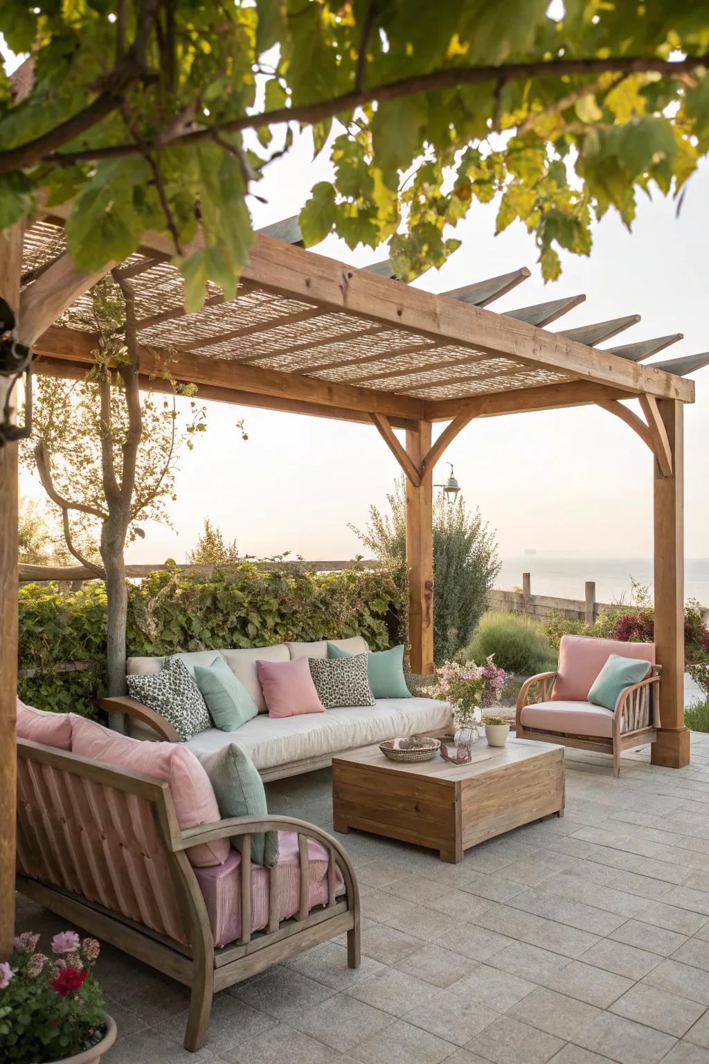 A cozy lounge area under a pergola with plush seating.