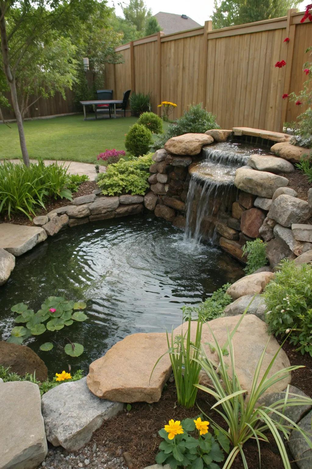 A tranquil water feature adds a serene touch to your backyard corner.