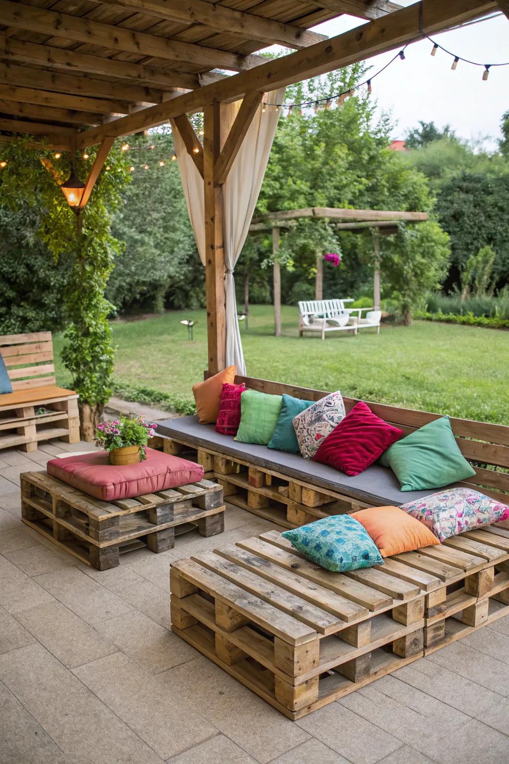 Create cozy seating with repurposed pallets and colorful cushions