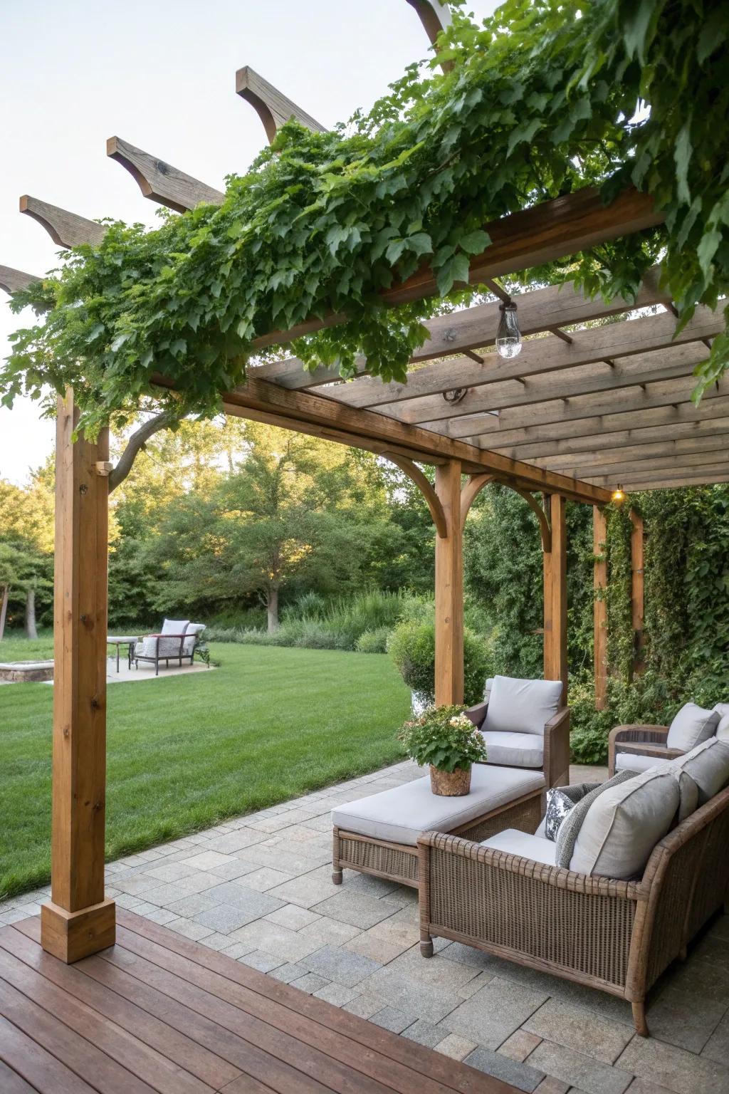 A stylish pergola providing shade and structure to a backyard seating area.