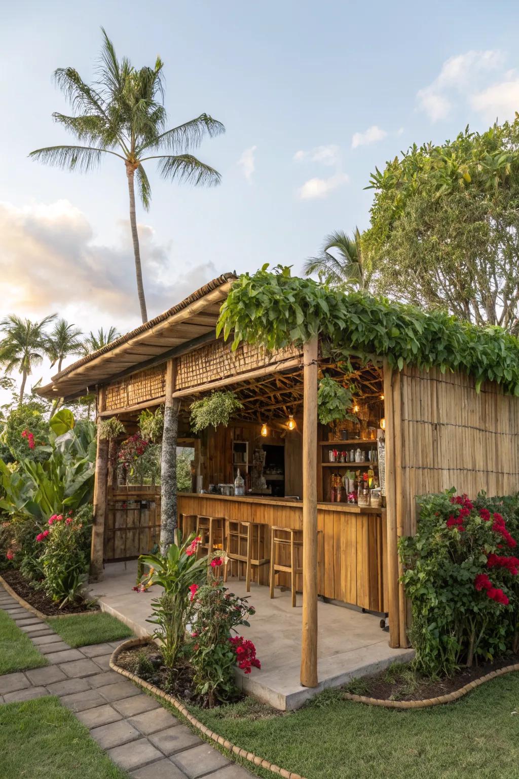 Create a tropical escape in your backyard with a tiki-themed bar shed.