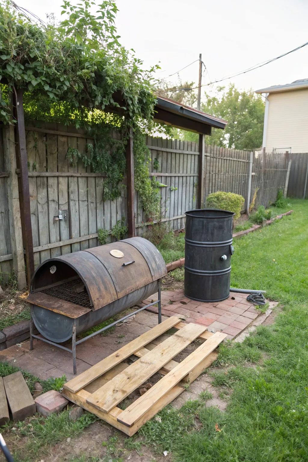 Sustainability meets style with a recycled metal drum BBQ pit.