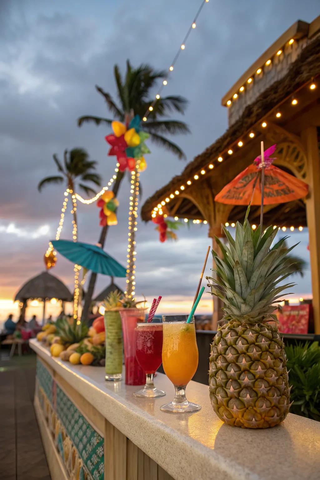 Tiki-style outdoor bar with colorful tropical cocktails and fruit garnishes.